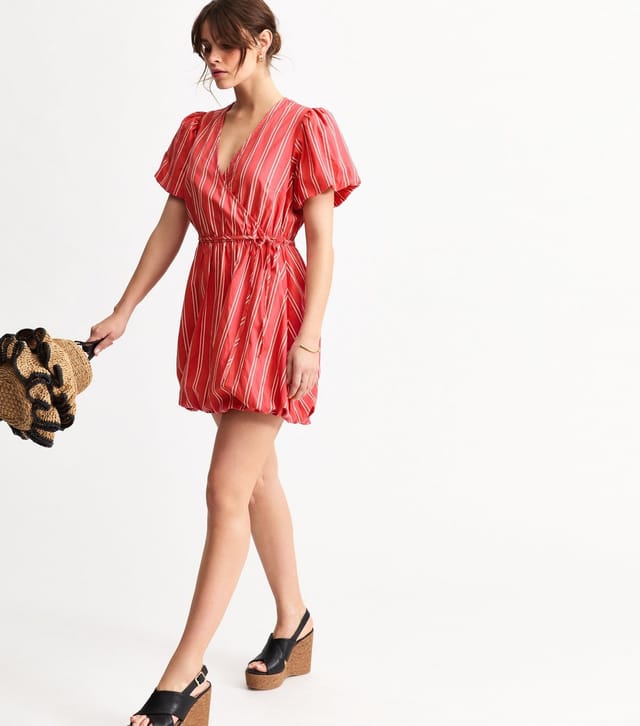 New Look Women's Red Stripe Print Puffball Wrap Mini Dress New Look - 3
