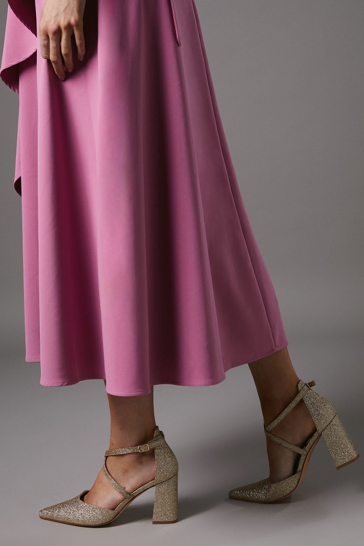 Coast Coast Women's Wide Fit Treat Glitter Cross Strap Pointed Block Heel Court Shoes in Gold - 2