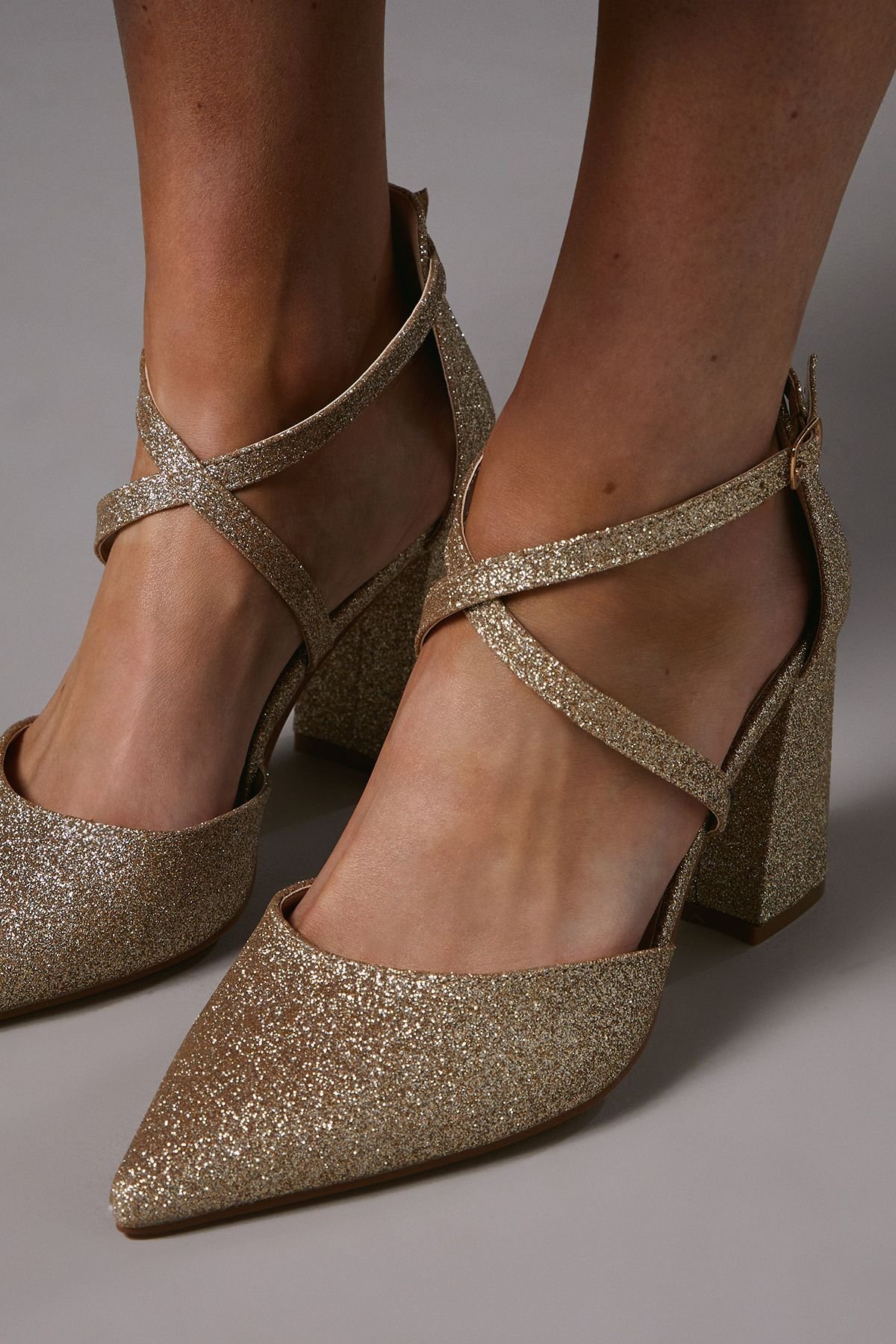 Coast Coast Women's Wide Fit Treat Glitter Cross Strap Pointed Block Heel Court Shoes in Gold - 4