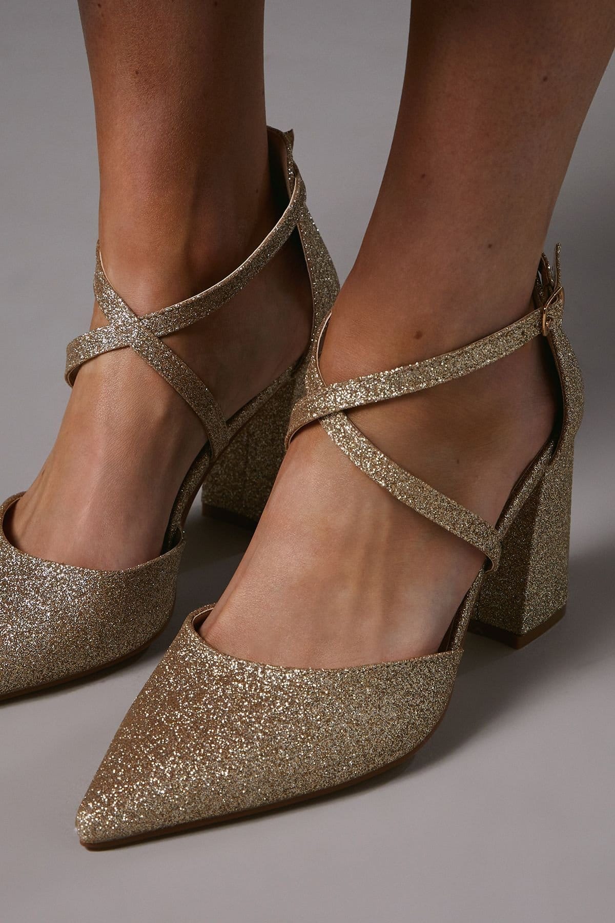 Coast Coast Women's Wide Fit Treat Glitter Cross Strap Pointed Block Heel Court Shoes in Gold - 4