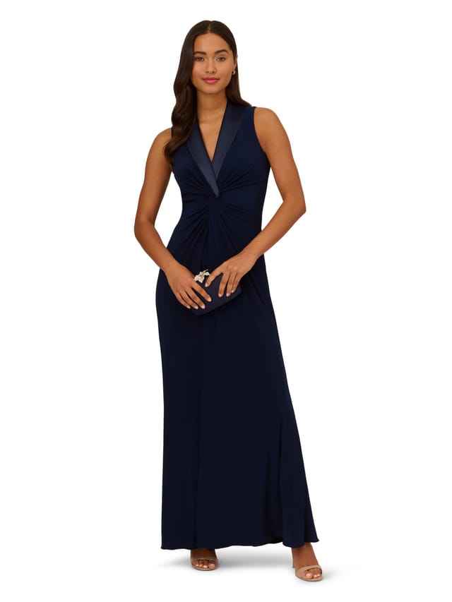 Adrianna Papell Adrianna Papell Women's Jersey Tuxedo Gown in Navy - 2