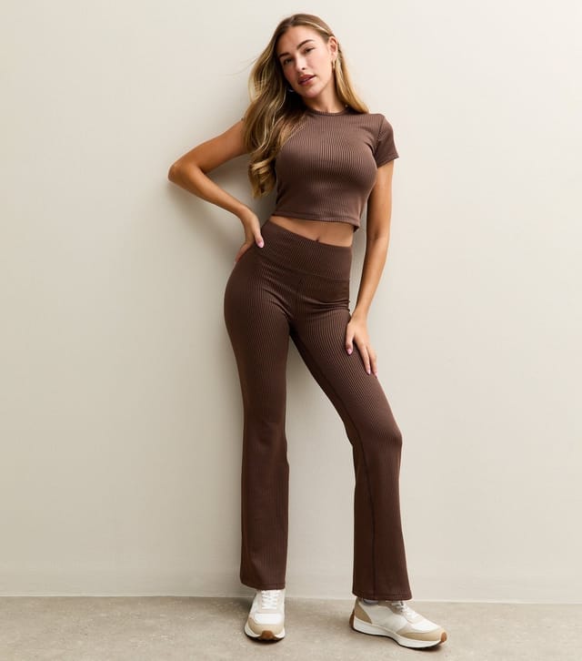 Rise Women's by Zara McDermott Brown Ribbed Flared Leggings Rise New Look - 2