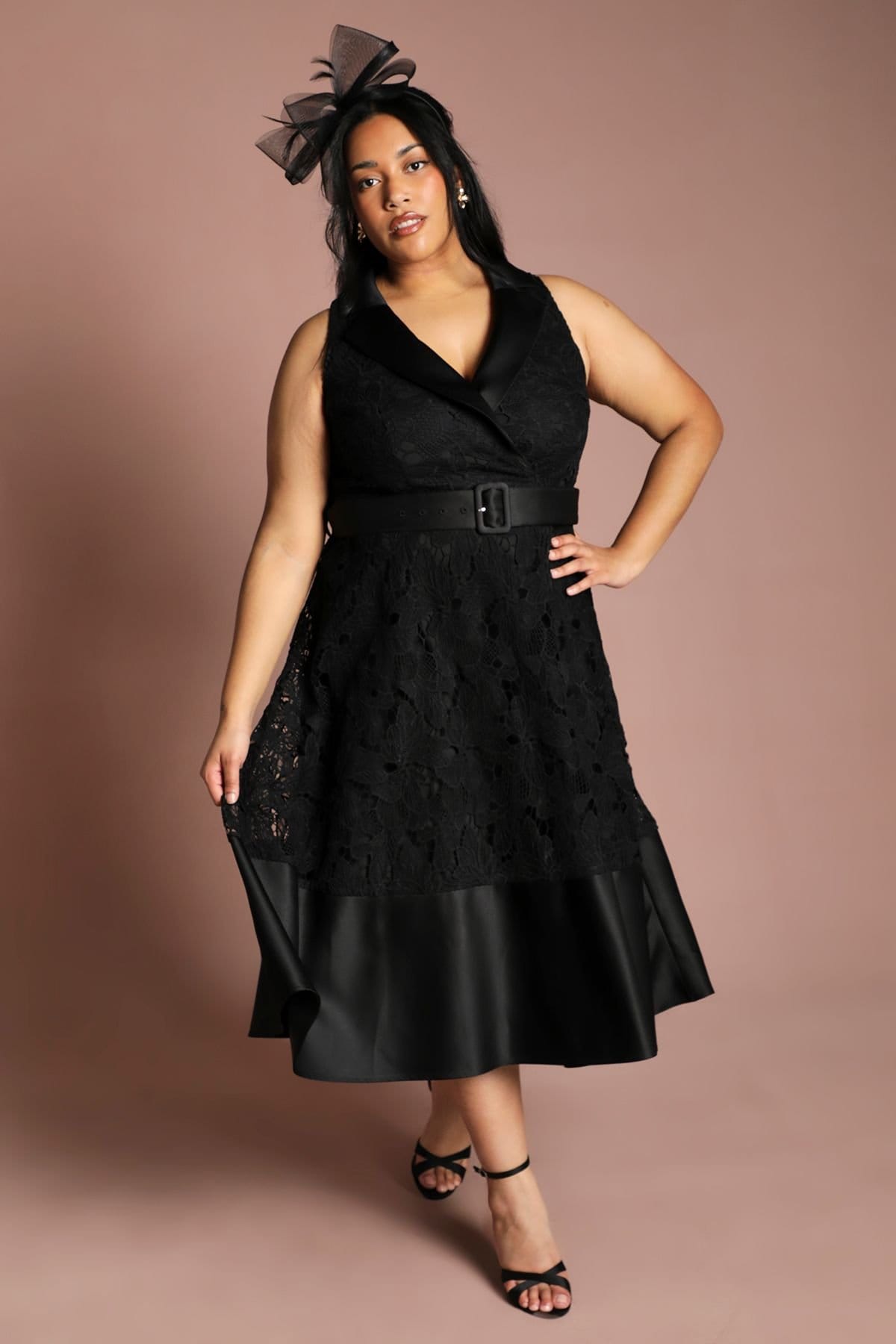 Coast Black Lace Satin Contrast Midi Skirt Dress
