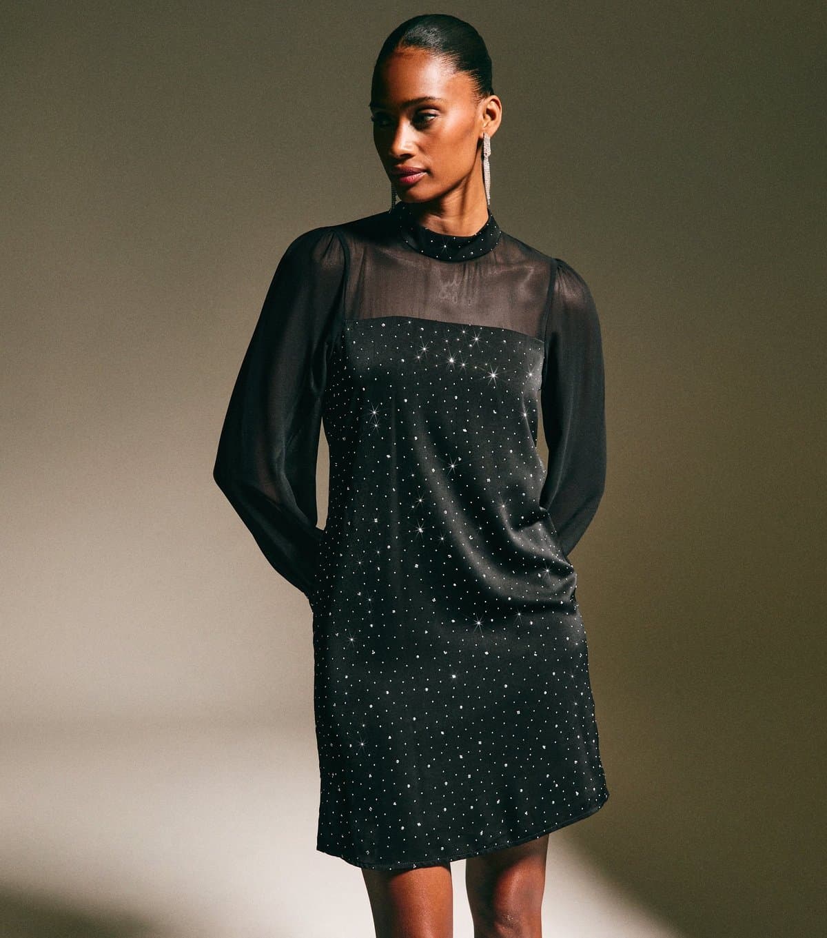 New Look Women's Black Sheer Panelled Diamante Embellished Mini Dress New Look
