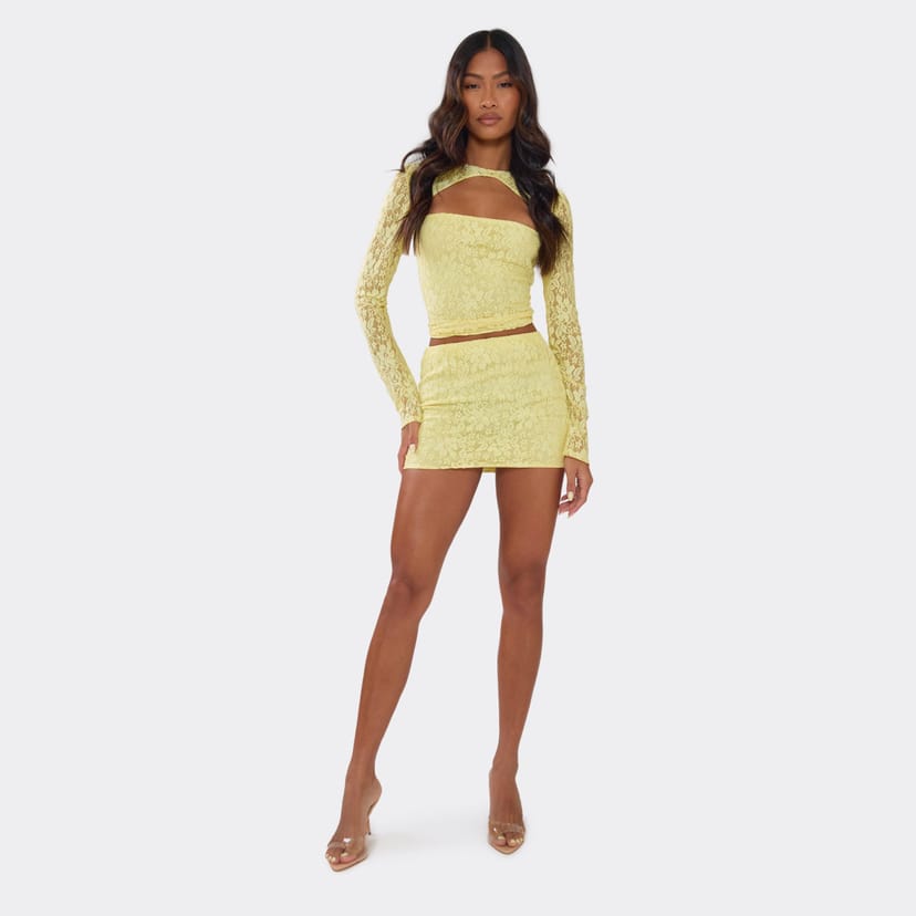 EGO Mid Rise Mini Skirt In Lemon Lace, Women's Size UK 4 - 1