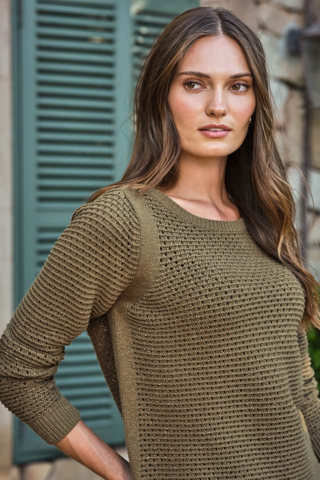 Pure Collection Pure Collection Women's Cotton Mesh Boat Neck in Khaki - 2