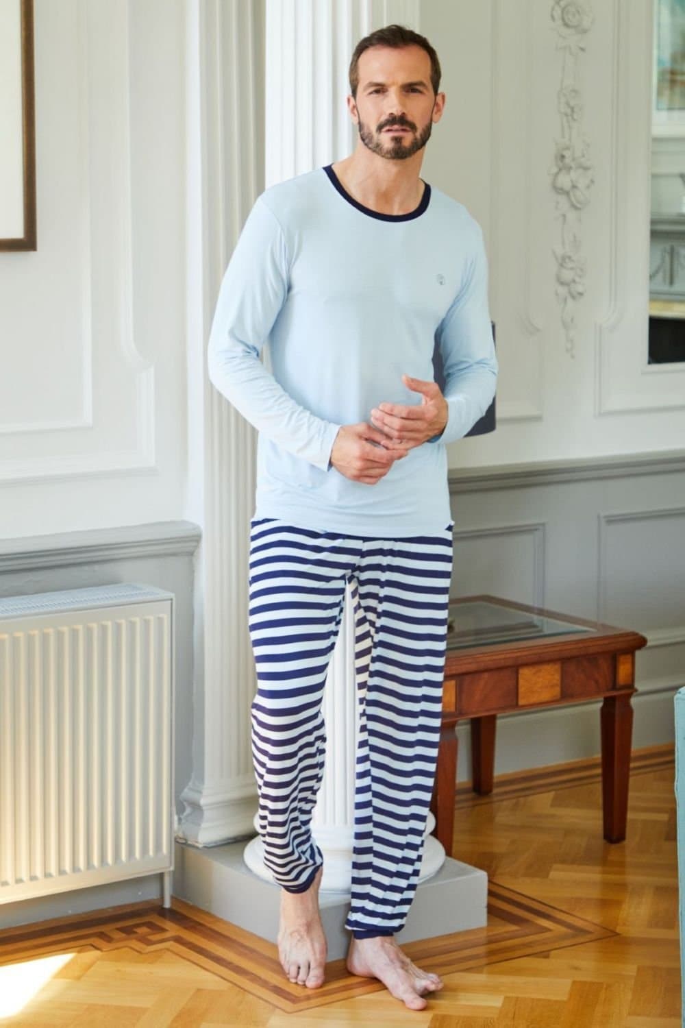 British Boxers British Boxers Men's "Maritime" Stripe Bamboo Pyjama Set in Mid Blue