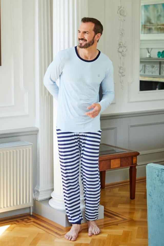British Boxers British Boxers Men's "Maritime" Stripe Bamboo Pyjama Set in Mid Blue - 2