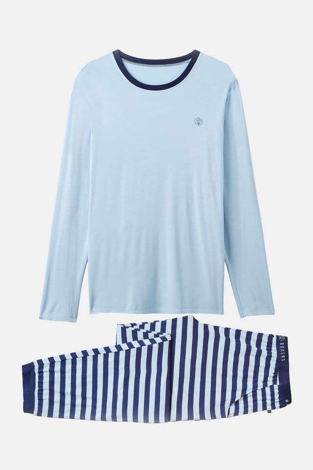 British Boxers British Boxers Men's "Maritime" Stripe Bamboo Pyjama Set in Mid Blue - 3