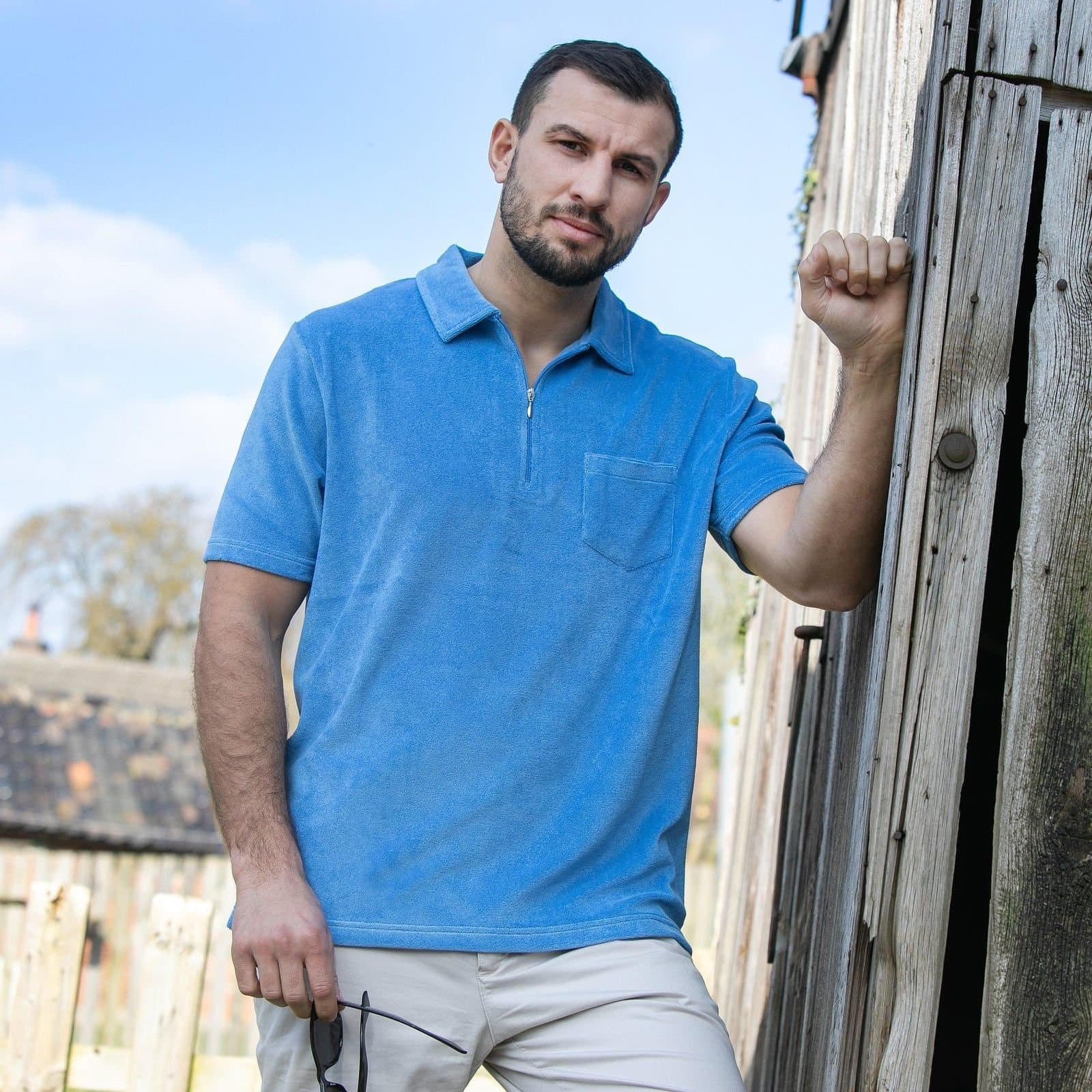 Peter Gribby Peter Gribby Men's Terry Towelling Zip Polo Shirt - Sky in Light Blue