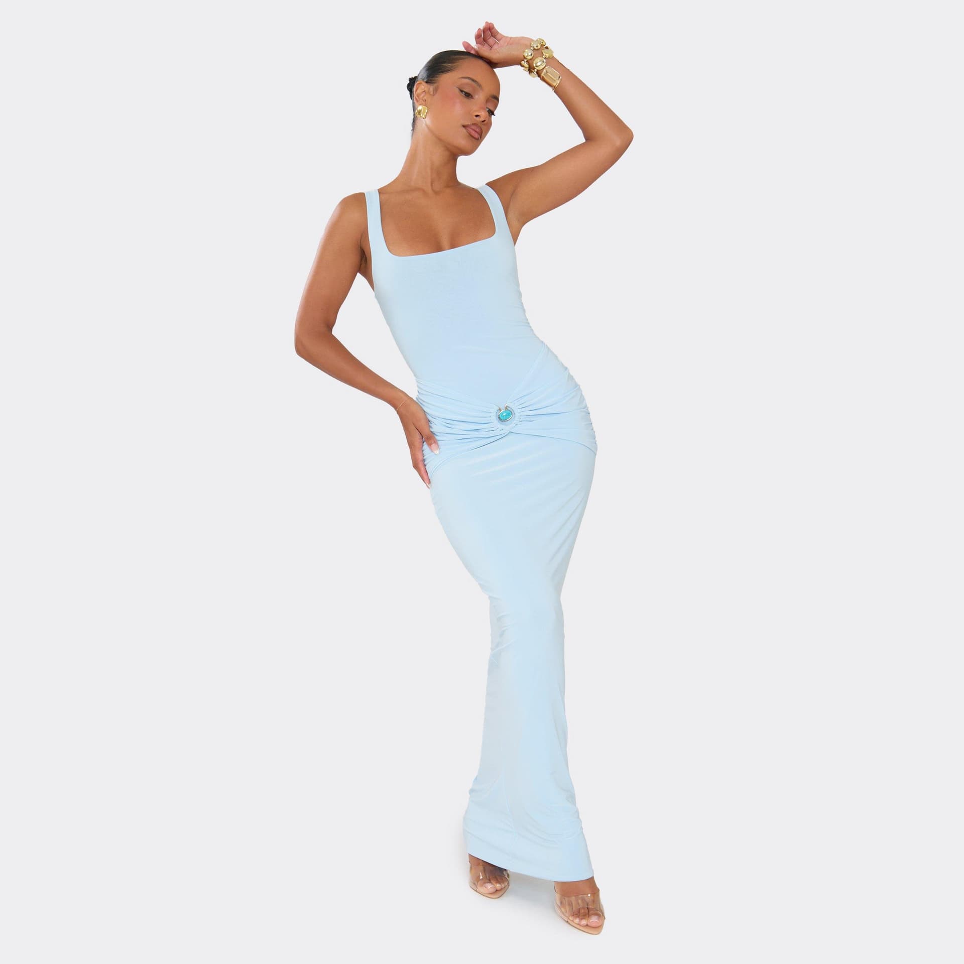 EGO Scoop Neck Trim Detail Maxi Dress In Baby Blue, Women's Size UK 4