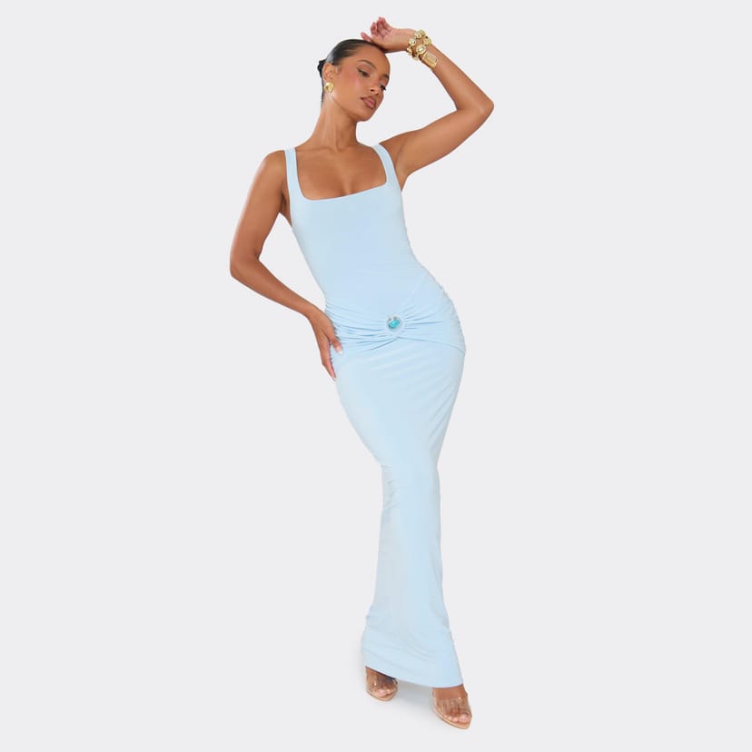 EGO Scoop Neck Trim Detail Maxi Dress In Baby Blue, Women's Size UK 4 - 1