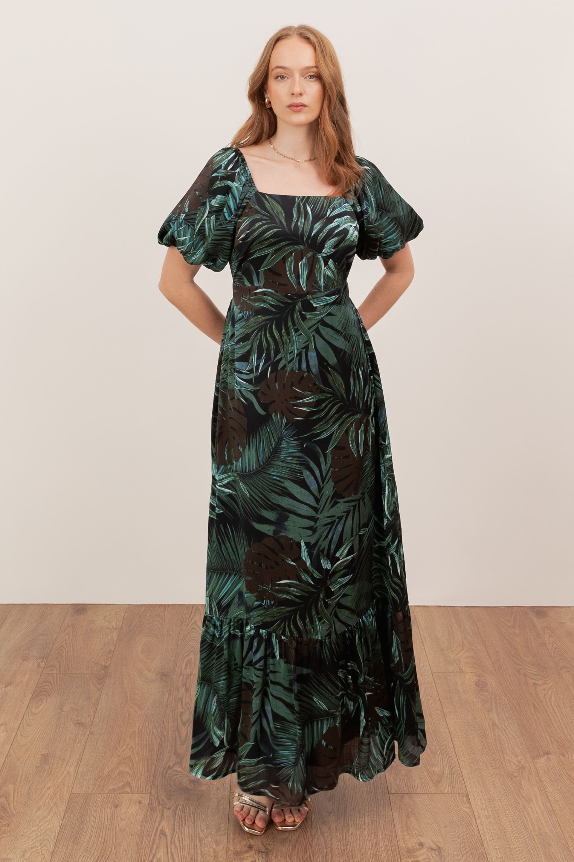 Lovedrobe Lovedrobe Women's Square Neck Short Sleeve Maxi Dress in Dark Green