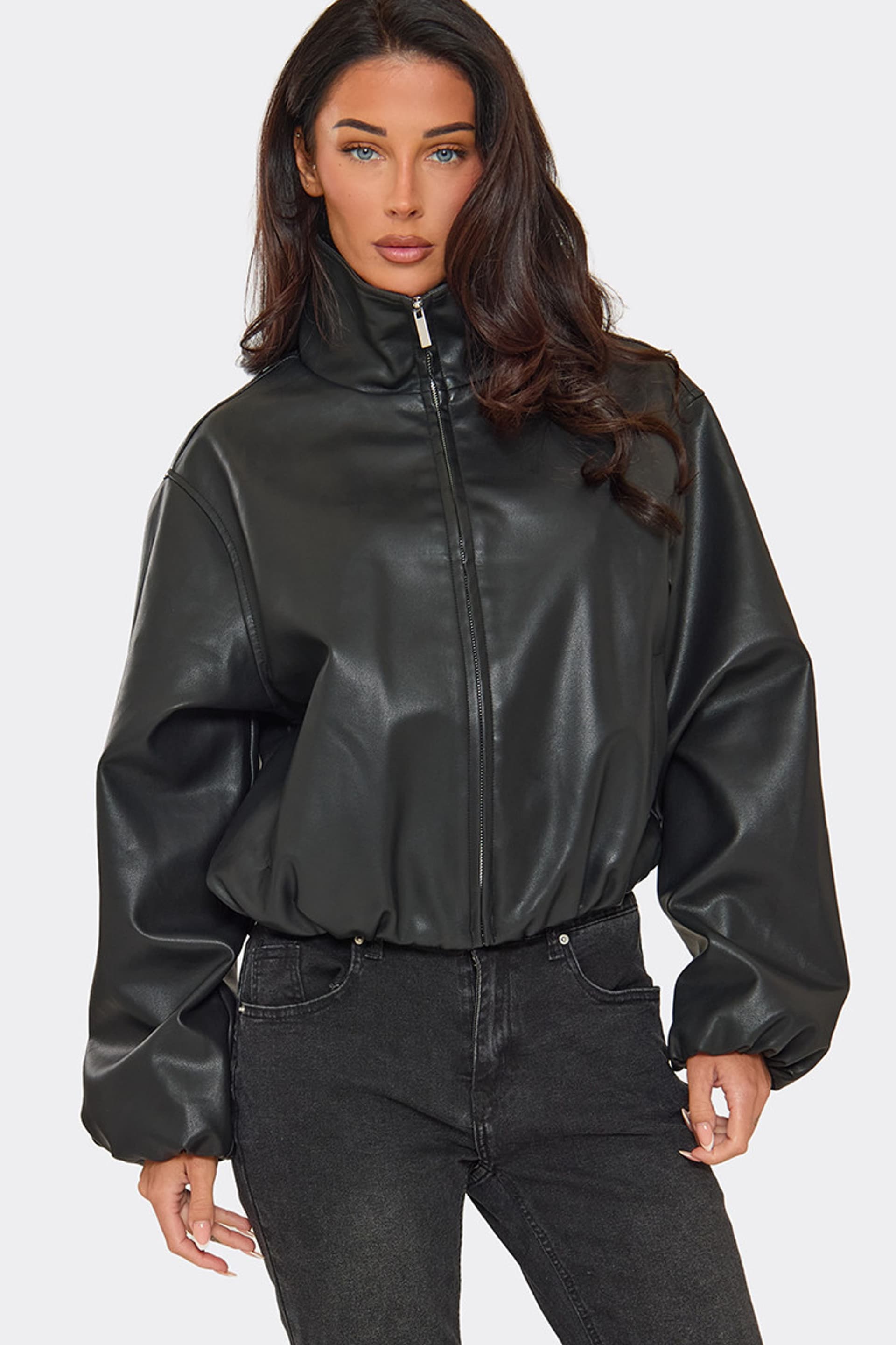 EGO EGO Women's Long Sleeve High Neck Faux Leather Jacket in Black