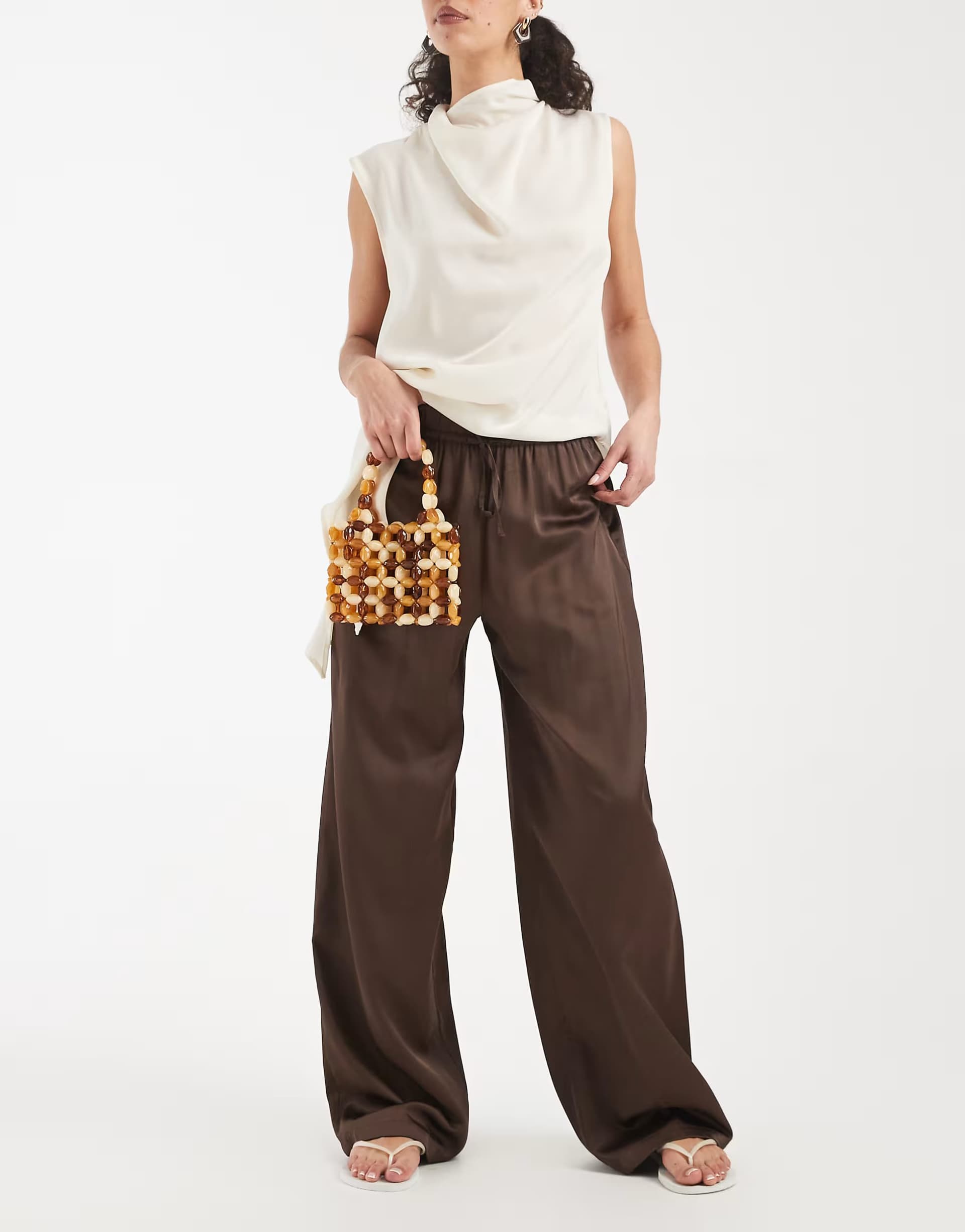 ASOS ONLY wide leg satin feel trouser in chocolate