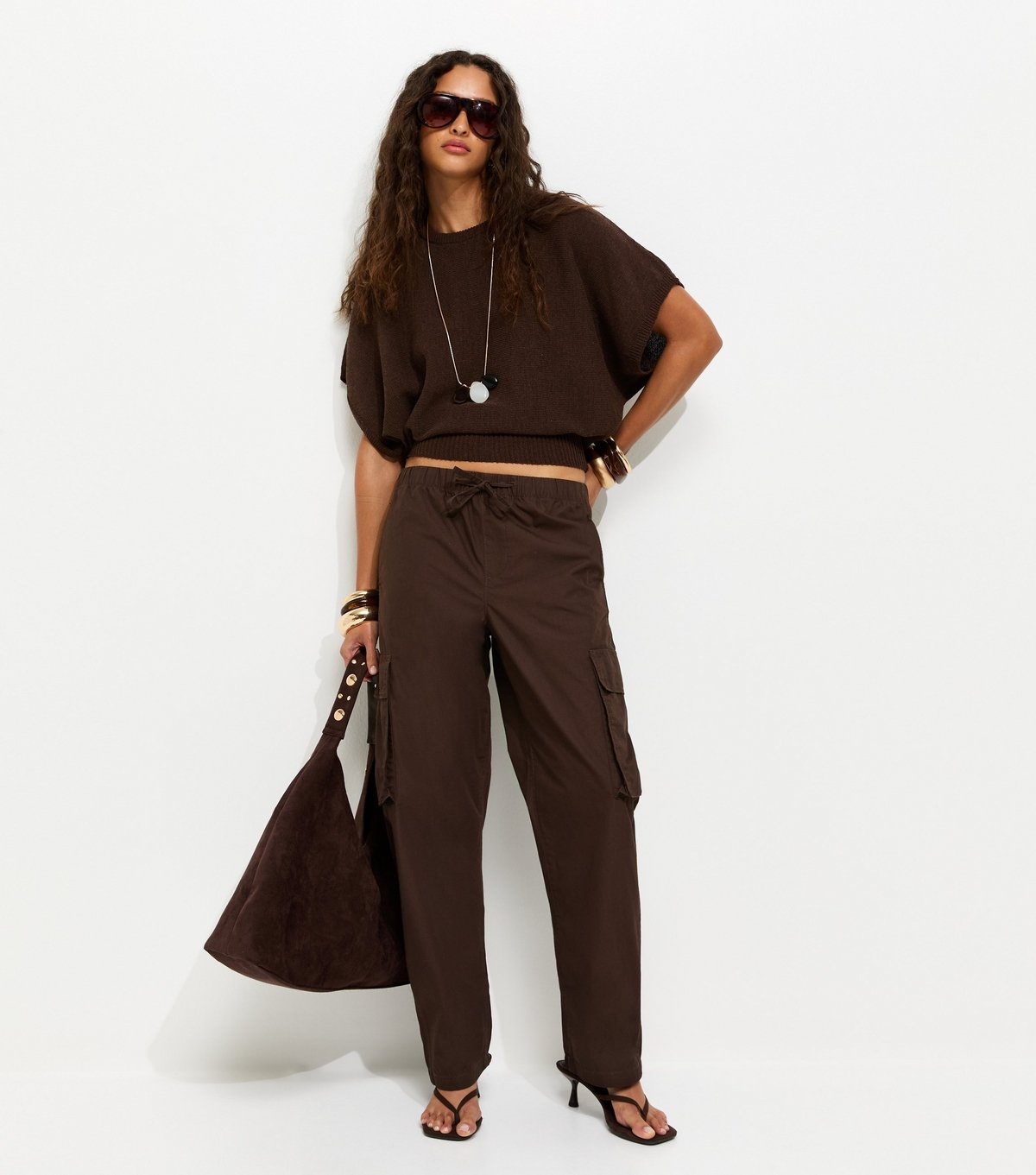 New Look Women's Dark Brown Barrel Leg Utility Cargo Trousers New Look - 3