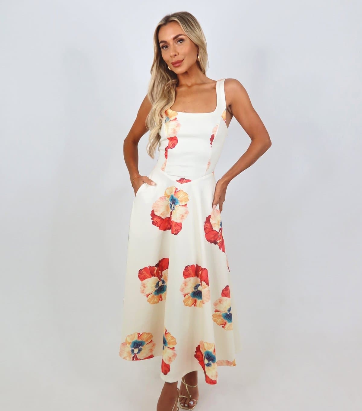 AX Paris Women's Cream Square Neck A-Line Midi Dress AX Paris New Look