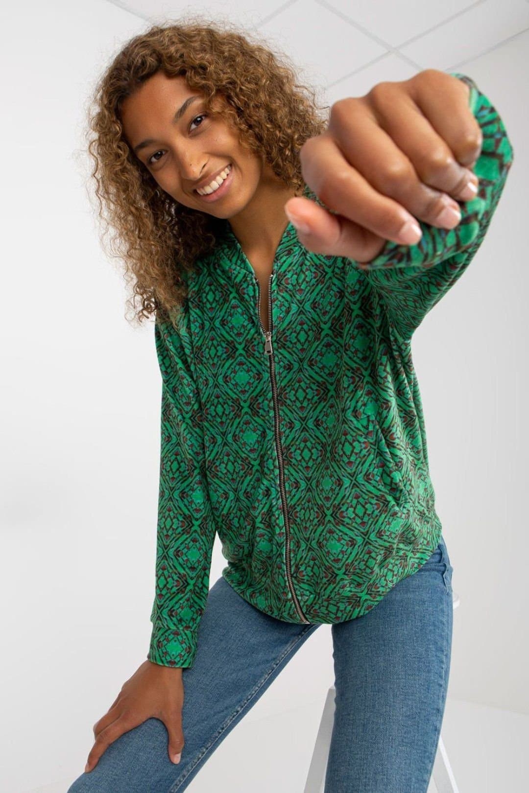 Love Lace Love Lace Women's Zip Front Long Sleeve Sweatshirt in Green