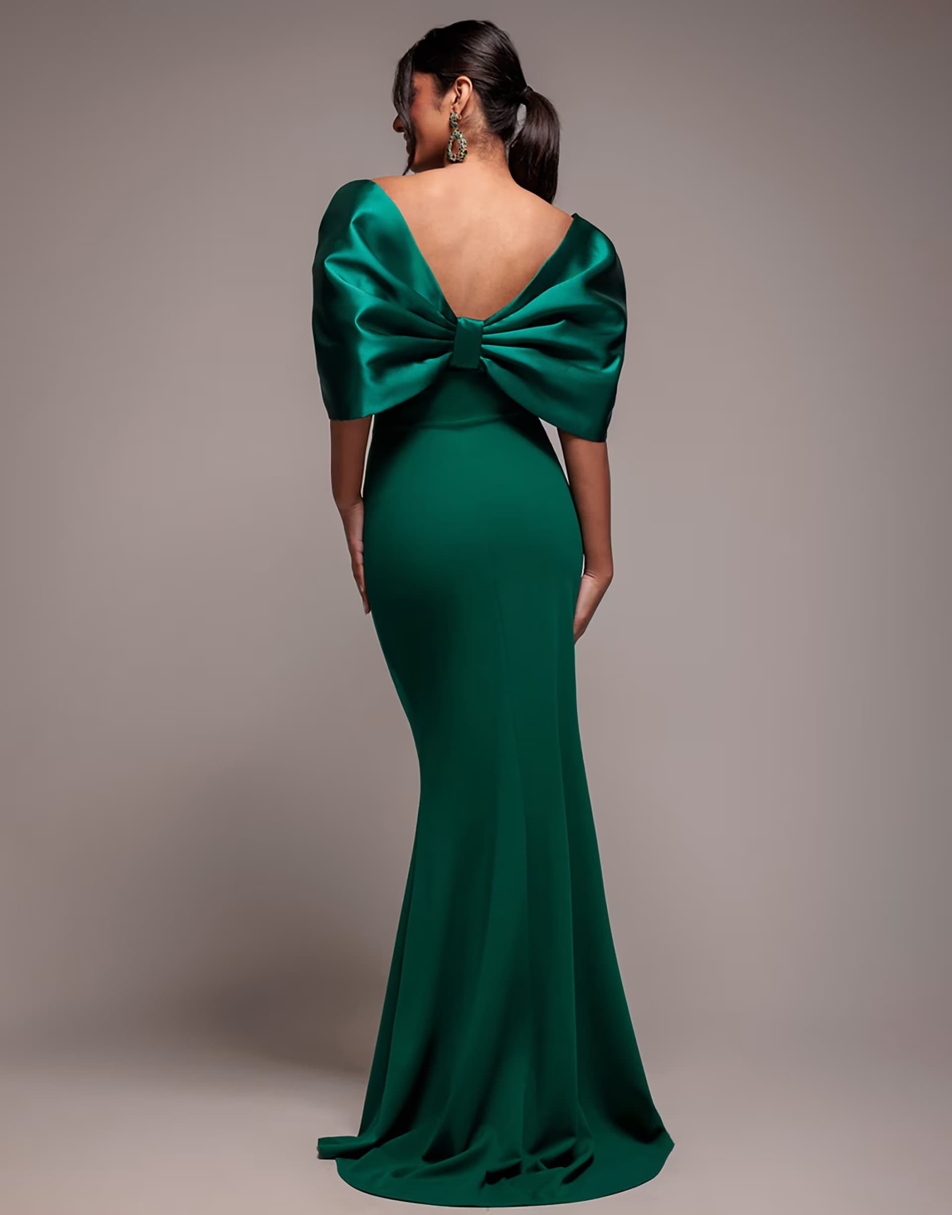 ASOS Goddiva Off shoulder back satin bow  maxi dress in emerald