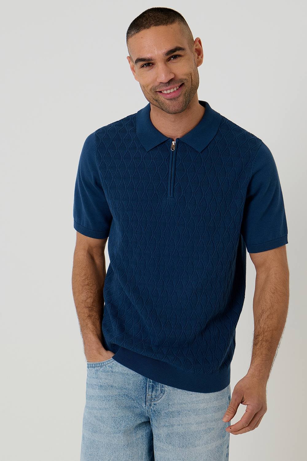 Threadbare Threadbare Men's Diamond Cable Knit Quarter Zip Polo in Blue - 2