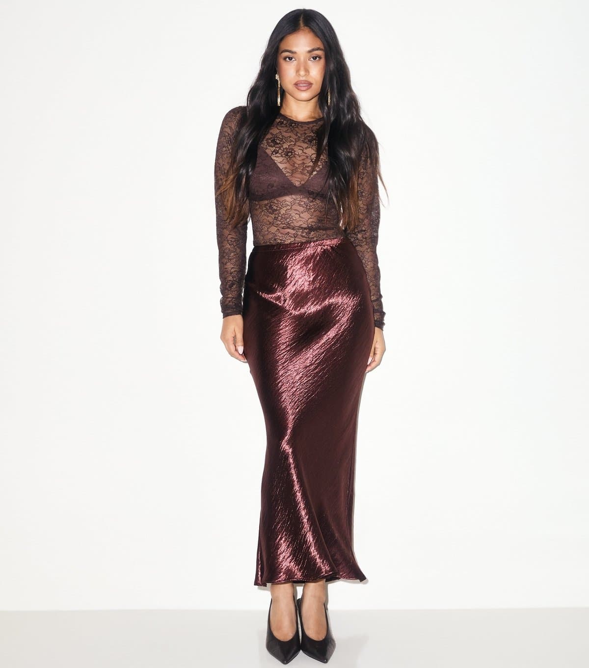 New Look Women's Petite Dark Brown Textured Satin Midi Skirt New Look