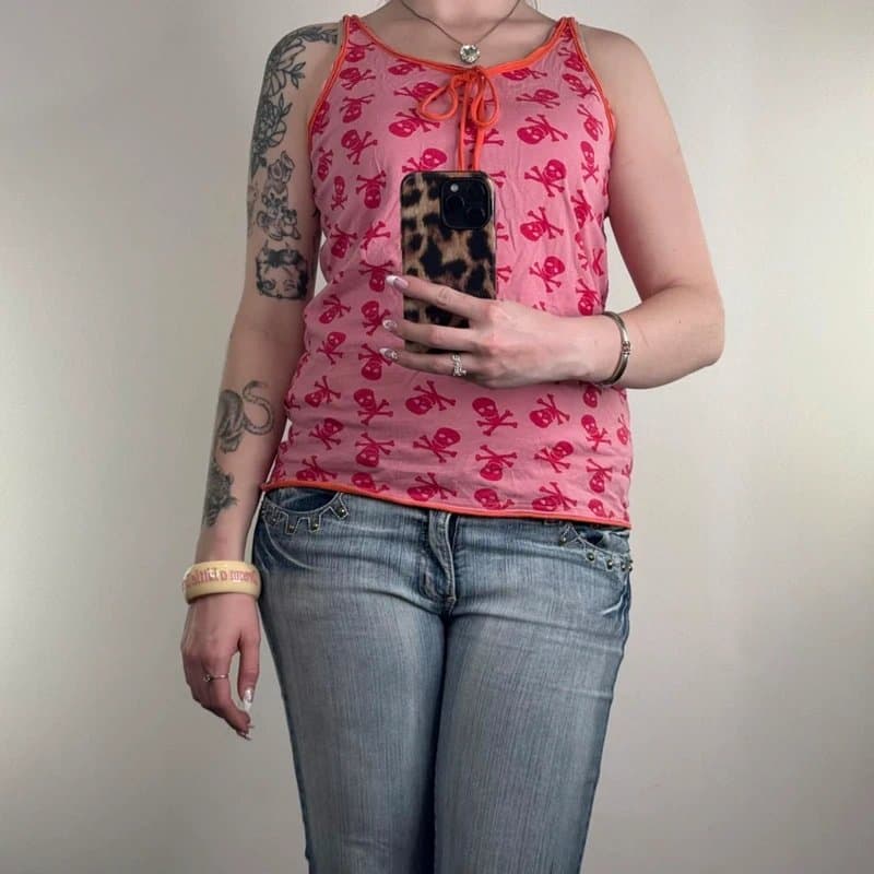 Topshop Y2K vintage Topshop tank top skull print bow pink orange sleeveless round neck