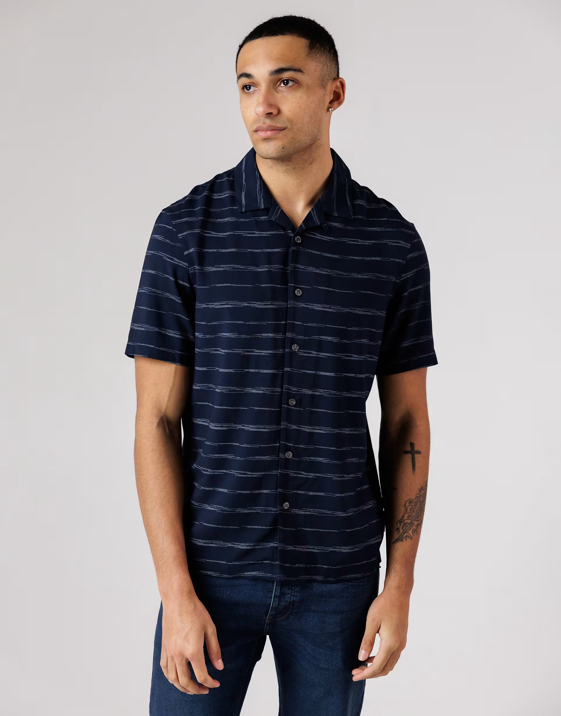 ASOS French Connection Horizontal stripe print short sleeve shirt in navy - 1