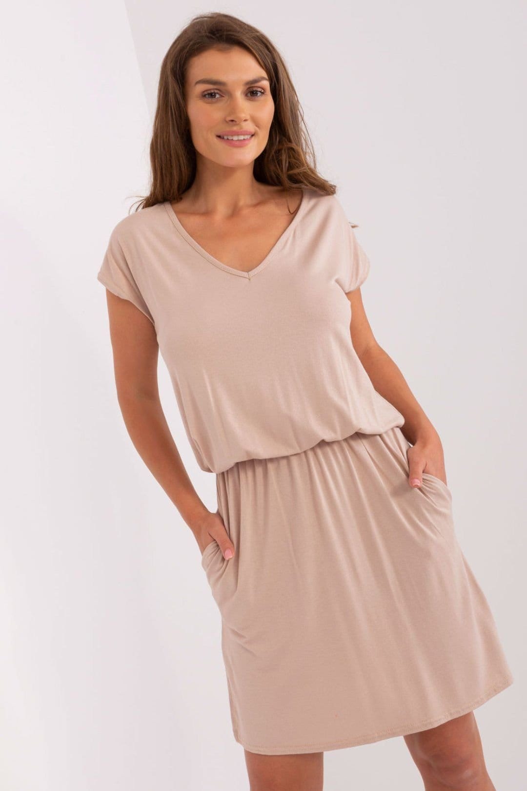 Love Lace Beige Loose Heart Neck Short Sleeve Dress