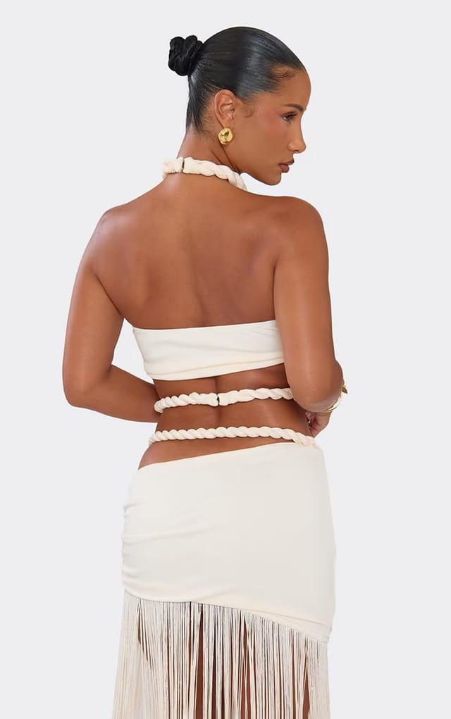 EGO Halterneck Rope Strap Detail Bralet Top In Cream, Women's Size UK 6 - 2