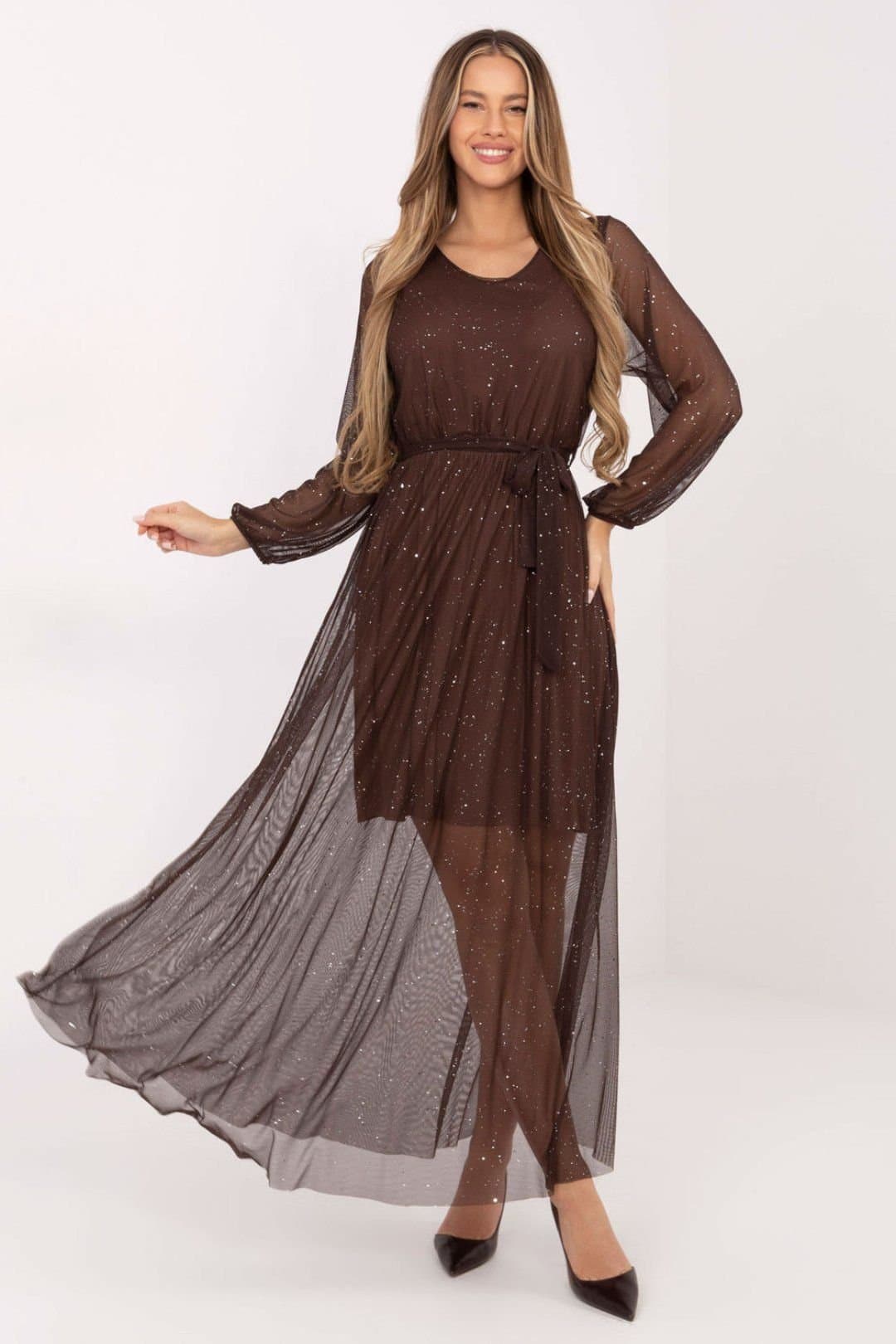 Love Lace Love Lace Women's Elegant Maxi Mesh Dress with Tie Waist in Brown