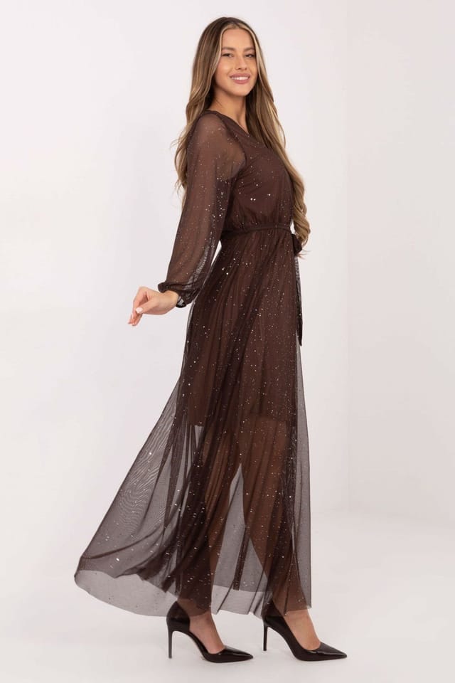 Love Lace Love Lace Women's Elegant Maxi Mesh Dress with Tie Waist in Brown - 2