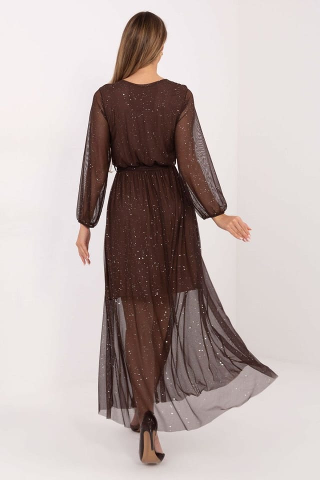 Love Lace Love Lace Women's Elegant Maxi Mesh Dress with Tie Waist in Brown - 3