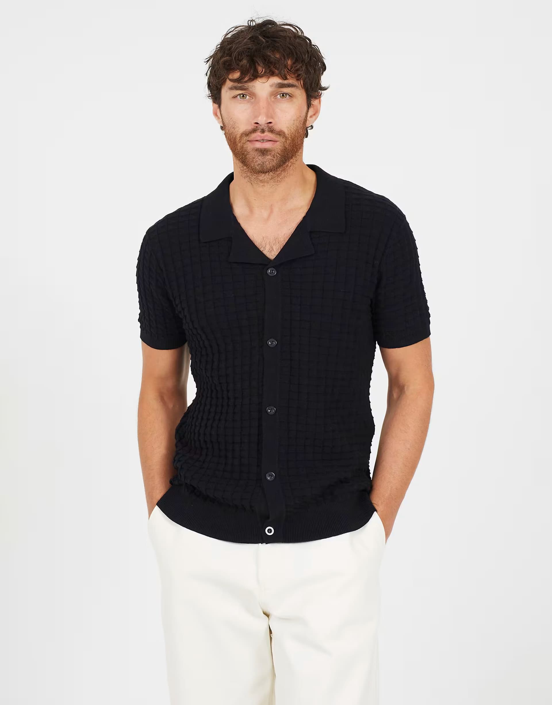 ASOS Brave Soul Revere collar knitted short sleeve shirt in black