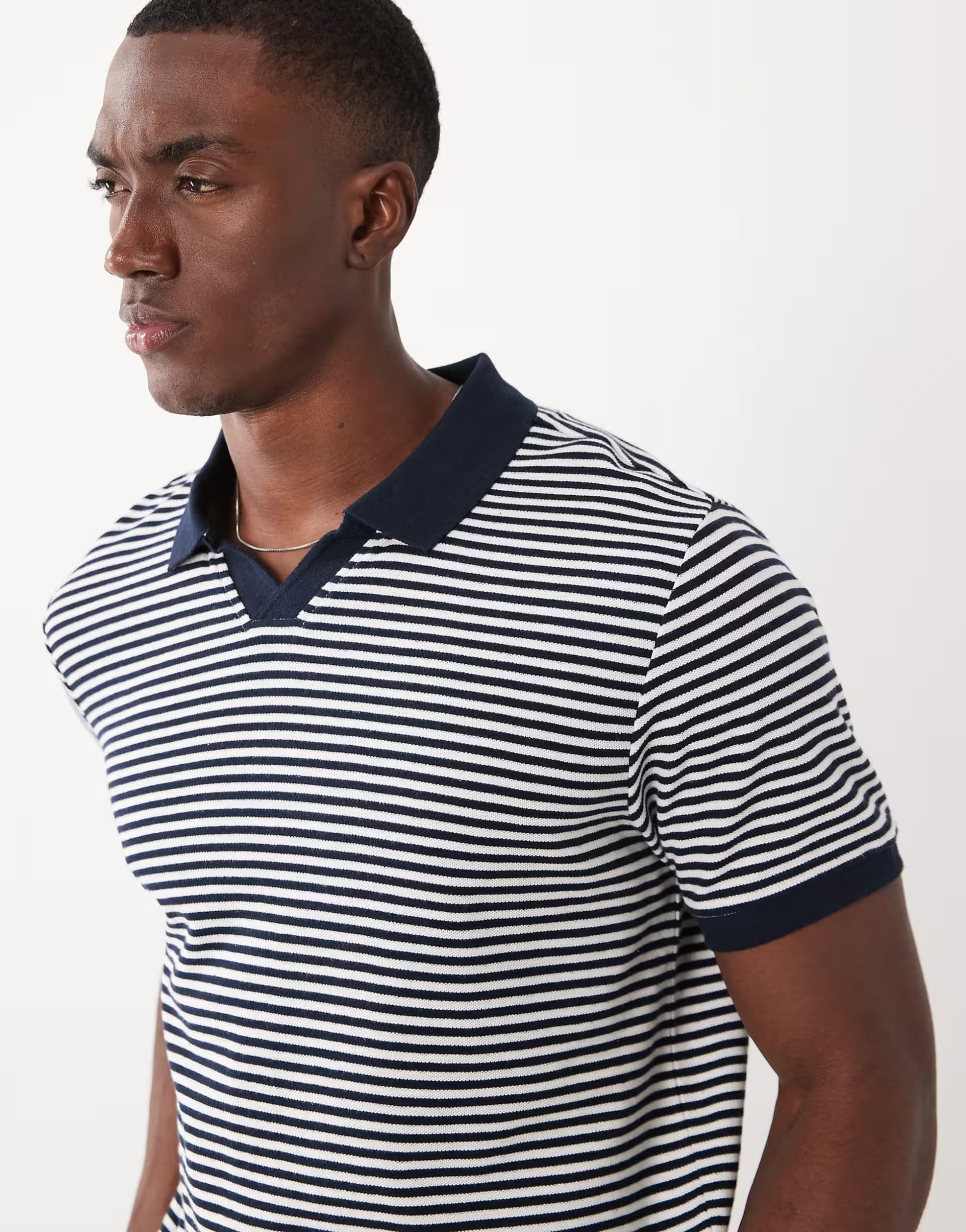 ASOS Threadbare short sleeve stripe polo shirt in navy and white