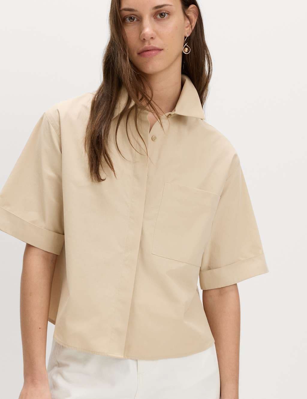 Marks & Spencer M&S Pure Cotton Collared Boxy Shirt Sandstone