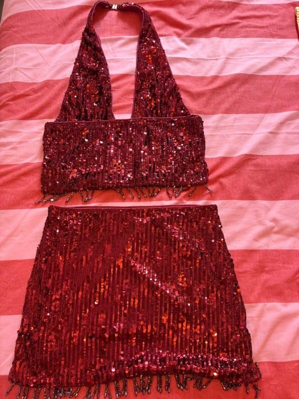 Shein Burgundy Sequin Co Ord Halter Top & Mini Skirt Festival Party Set