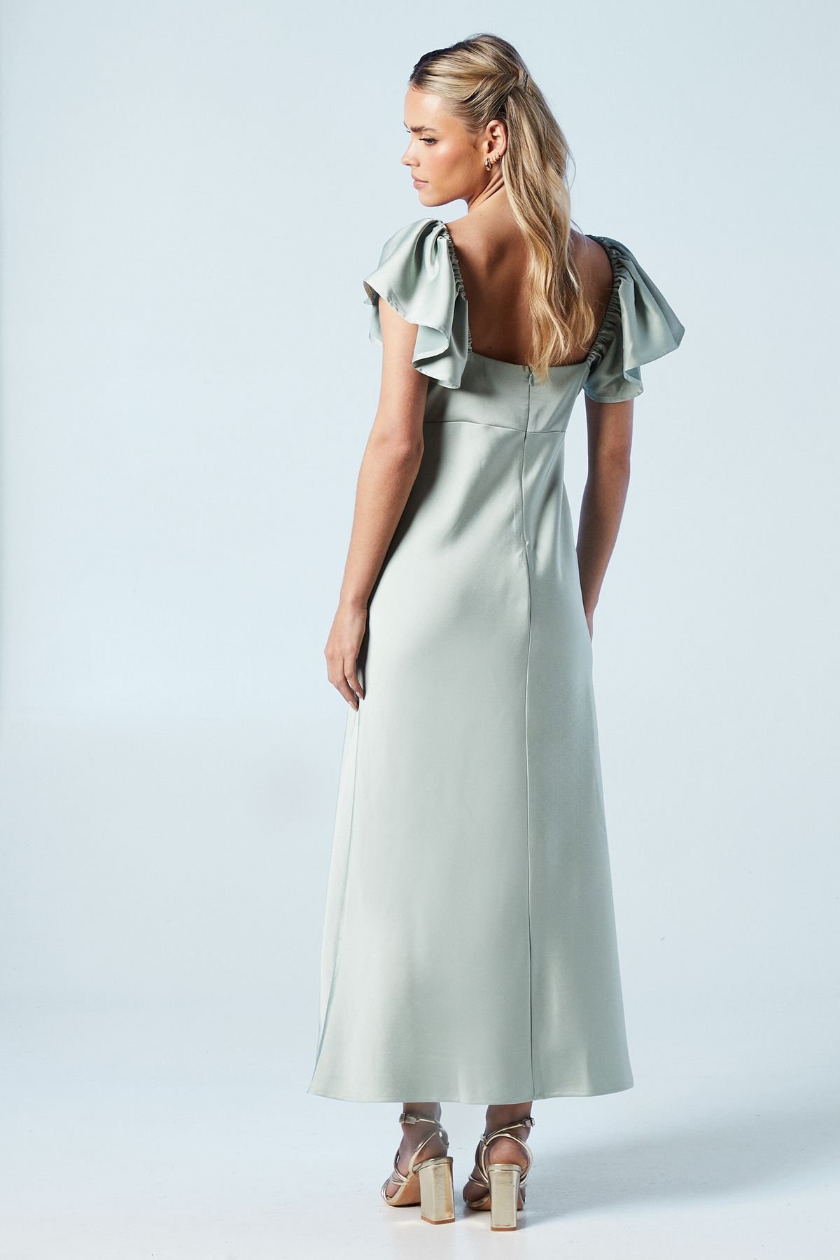 Oasis Oasis Women's Petite Twist Front Angel Sleeve Midi Bridesmaid Dress in Sage - 3