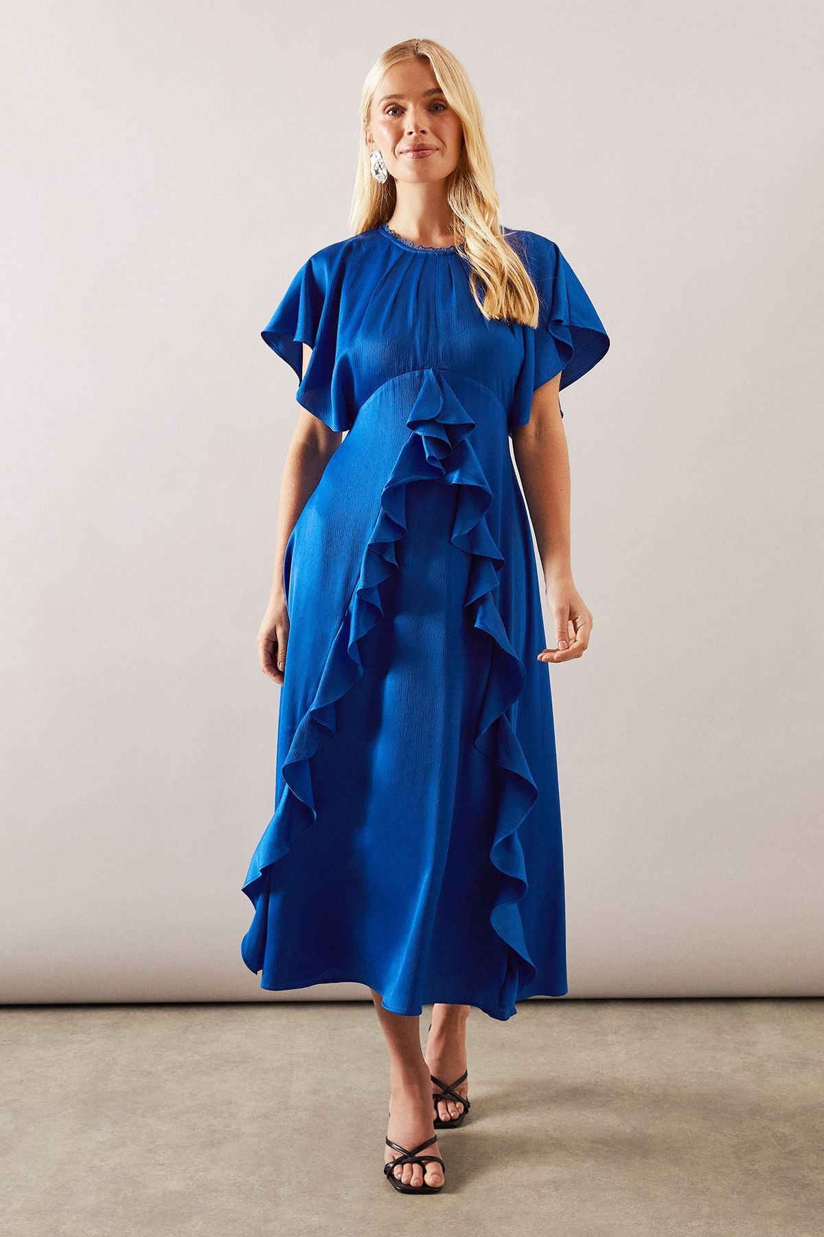 Wallis Wallis Women's Petite Occasion Satin Ruffle Maxi Dress in Blue - 2