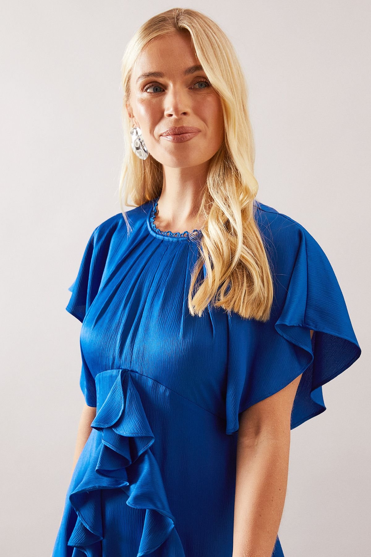 Wallis Wallis Women's Petite Occasion Satin Ruffle Maxi Dress in Blue - 4