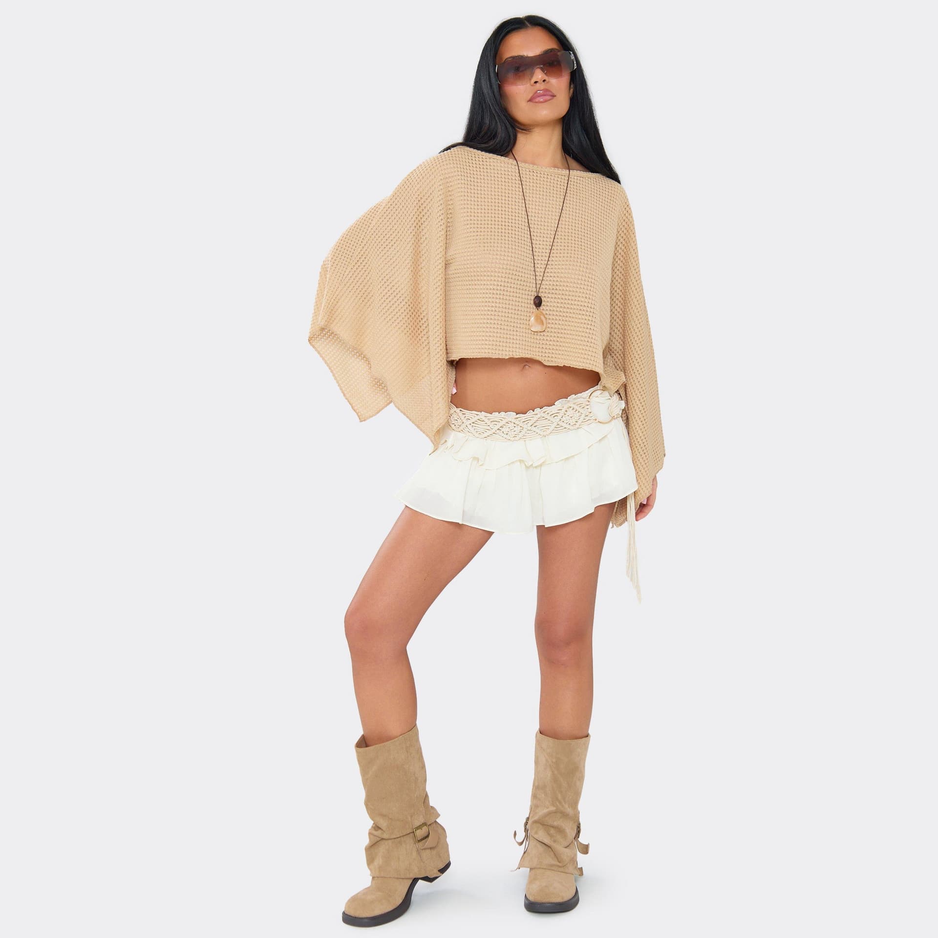 EGO Low Rise Belted Tiered Mini Skort In Cream, Women's Size UK 10