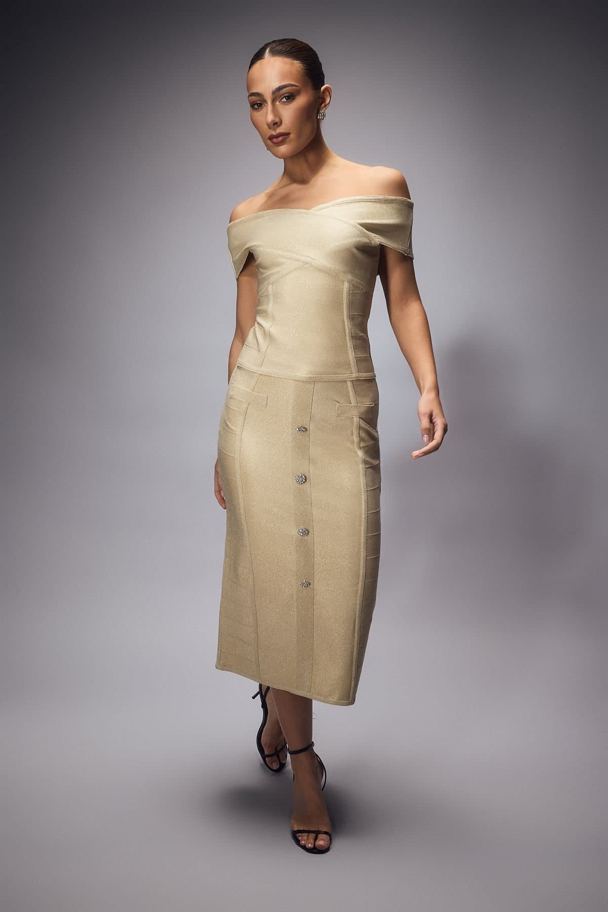 Coast Coast Women's Muse Metallic Bandage Button Detail Midi Skirt in Champagne