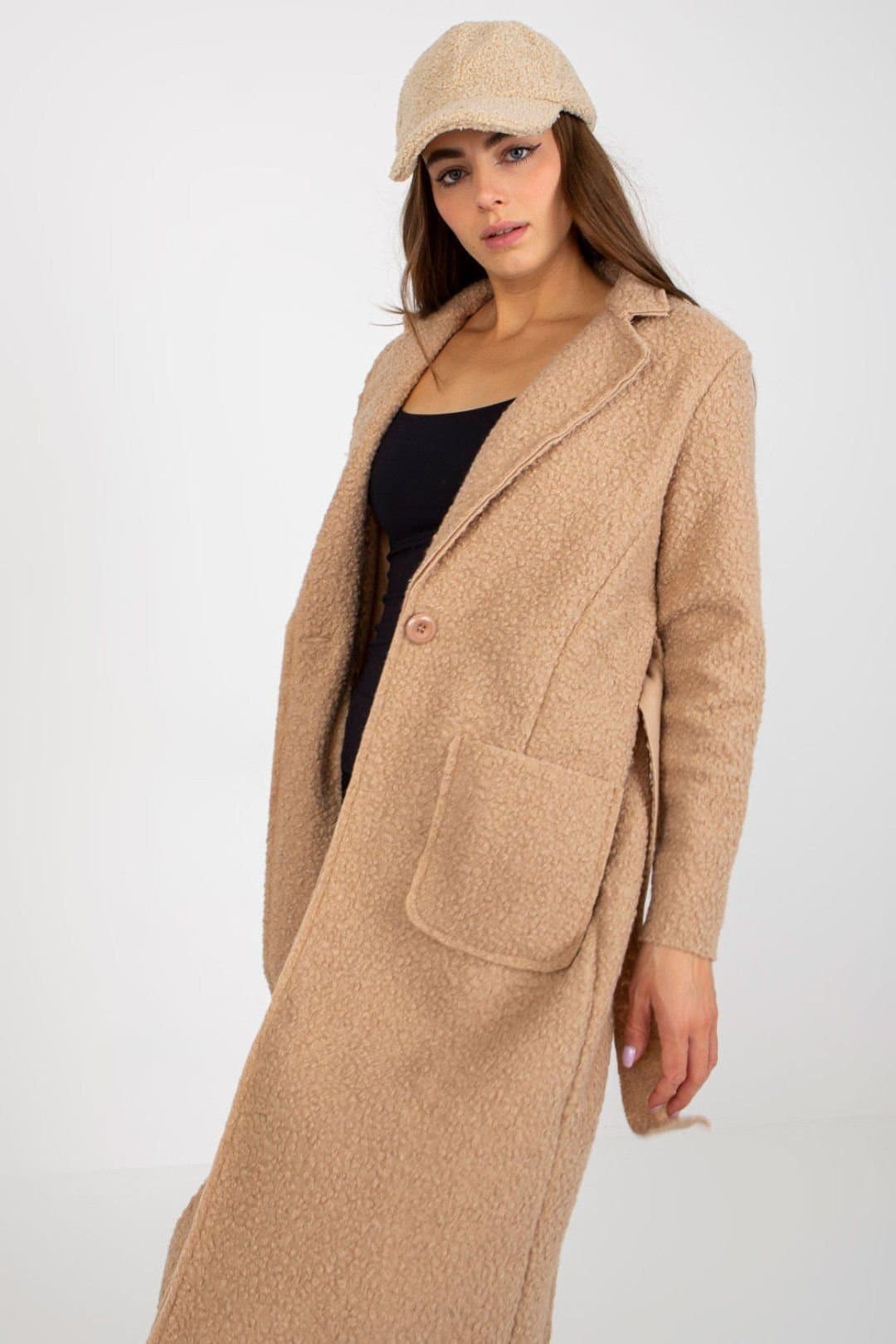 Love Lace Love Lace Women's Long Sleeve Tie Belt Coat Pockets in Beige