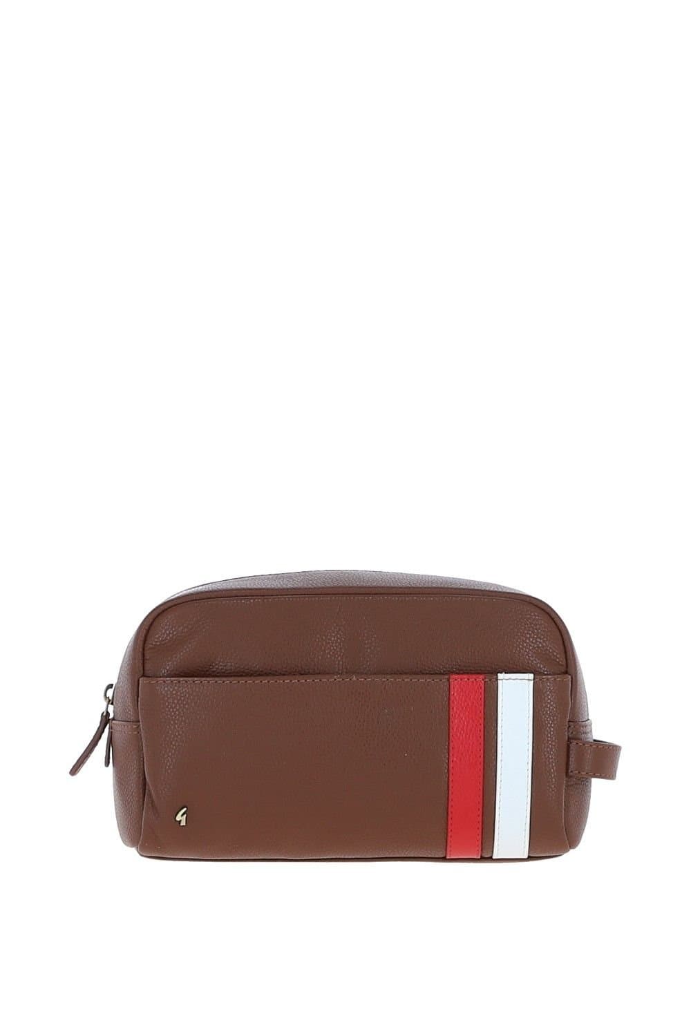 Gabicci GABICCI Men's Real Leather Washbag with Striped Front Detail in Tan