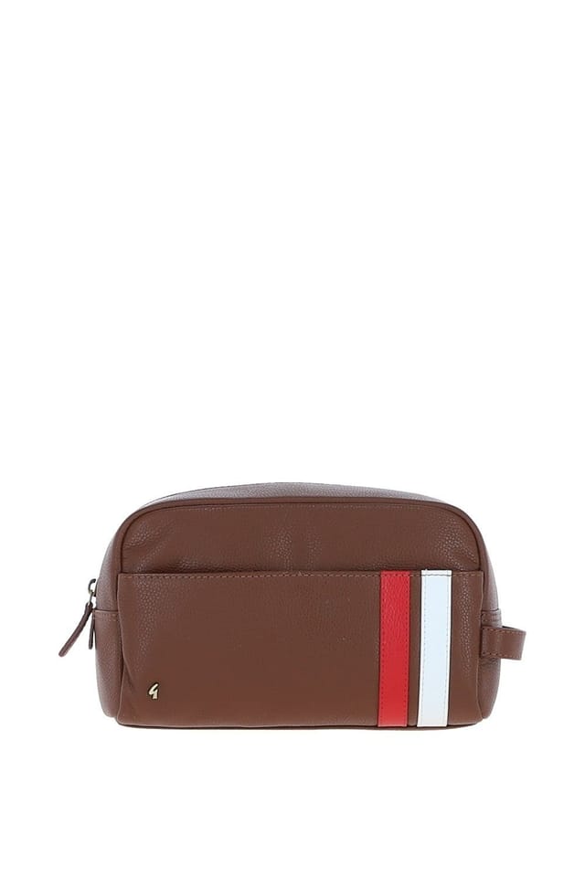 Gabicci GABICCI Men's Real Leather Washbag with Striped Front Detail in Tan - 2
