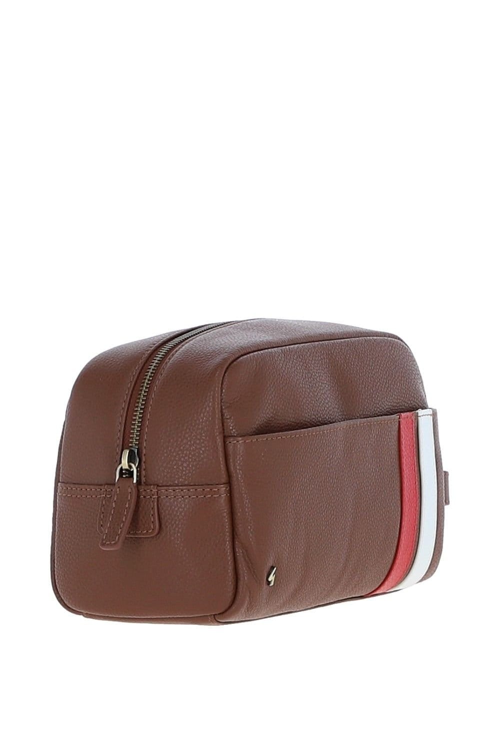 Gabicci GABICCI Men's Real Leather Washbag with Striped Front Detail in Tan - 4