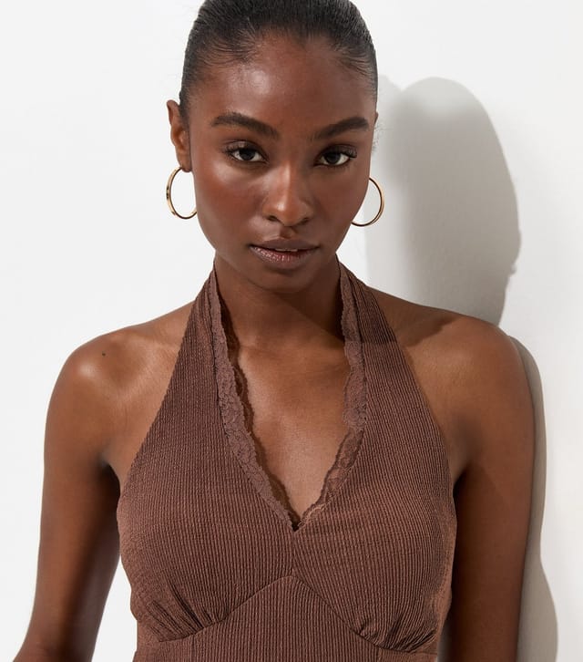 New Look Women's Dark Brown Lace Trim Halter Neck Mini Dress New Look - 2