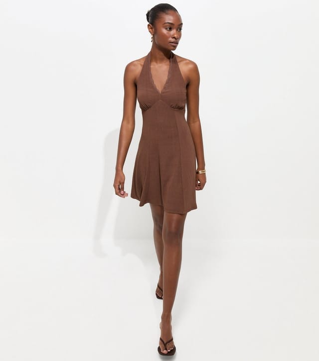 New Look Women's Dark Brown Lace Trim Halter Neck Mini Dress New Look - 3