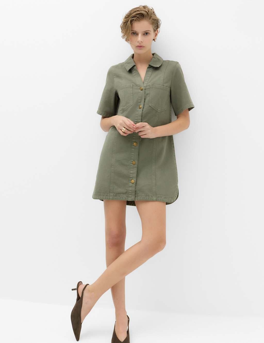 Marks & Spencer M&S Denim Mini Shirt Dress Khaki