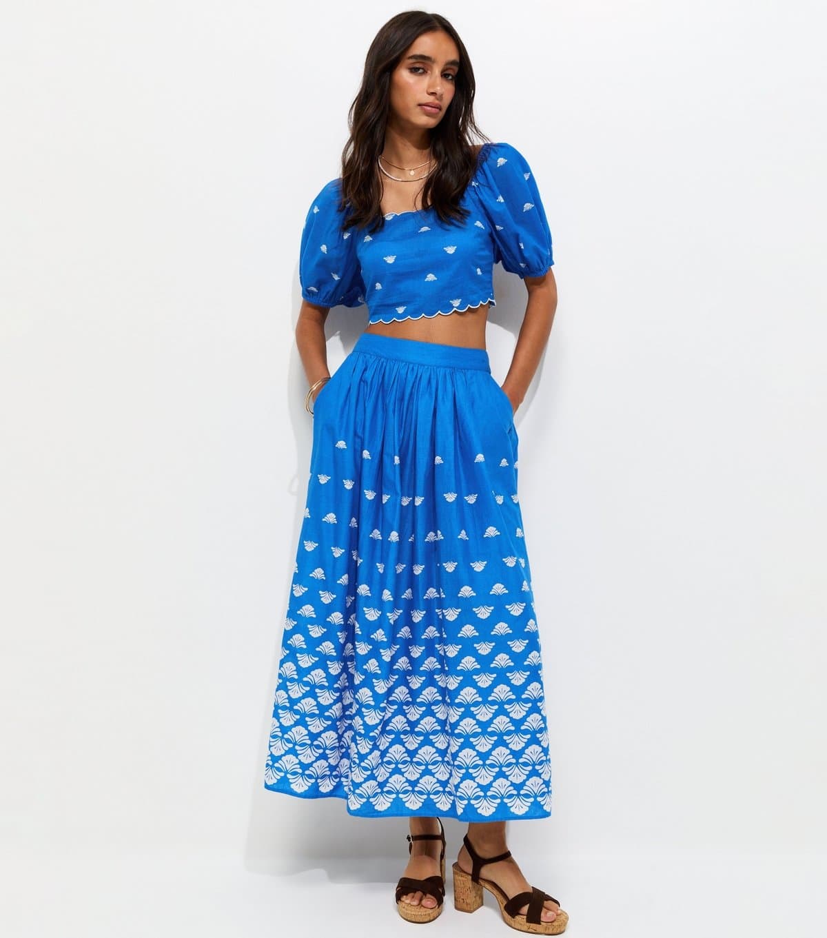 New Look Women's Bright Blue Flower Print Gathered Midi Skirt New Look