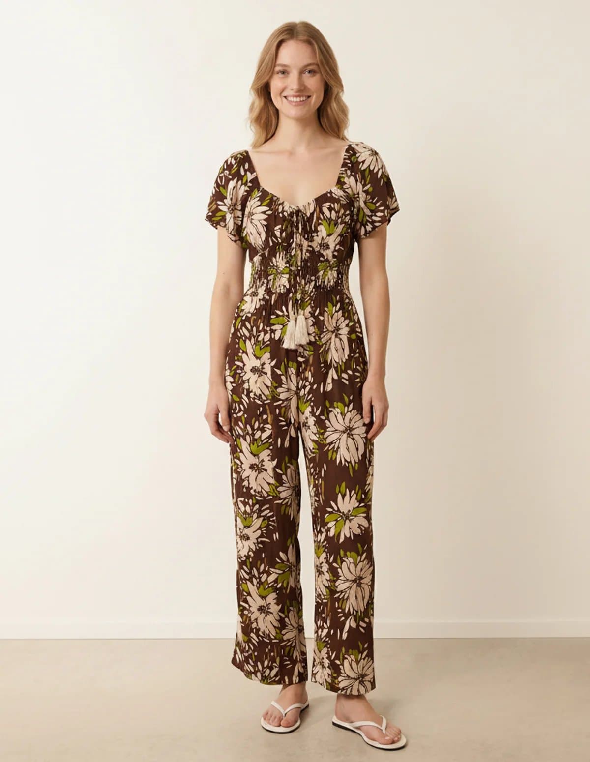 Blue Vanilla Shirred Waist Wide Leg Jumpsuit